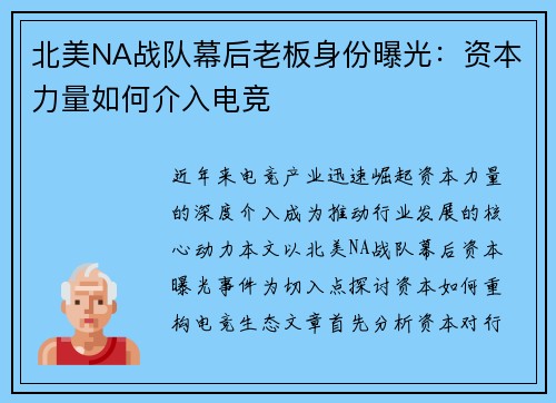北美NA战队幕后老板身份曝光：资本力量如何介入电竞